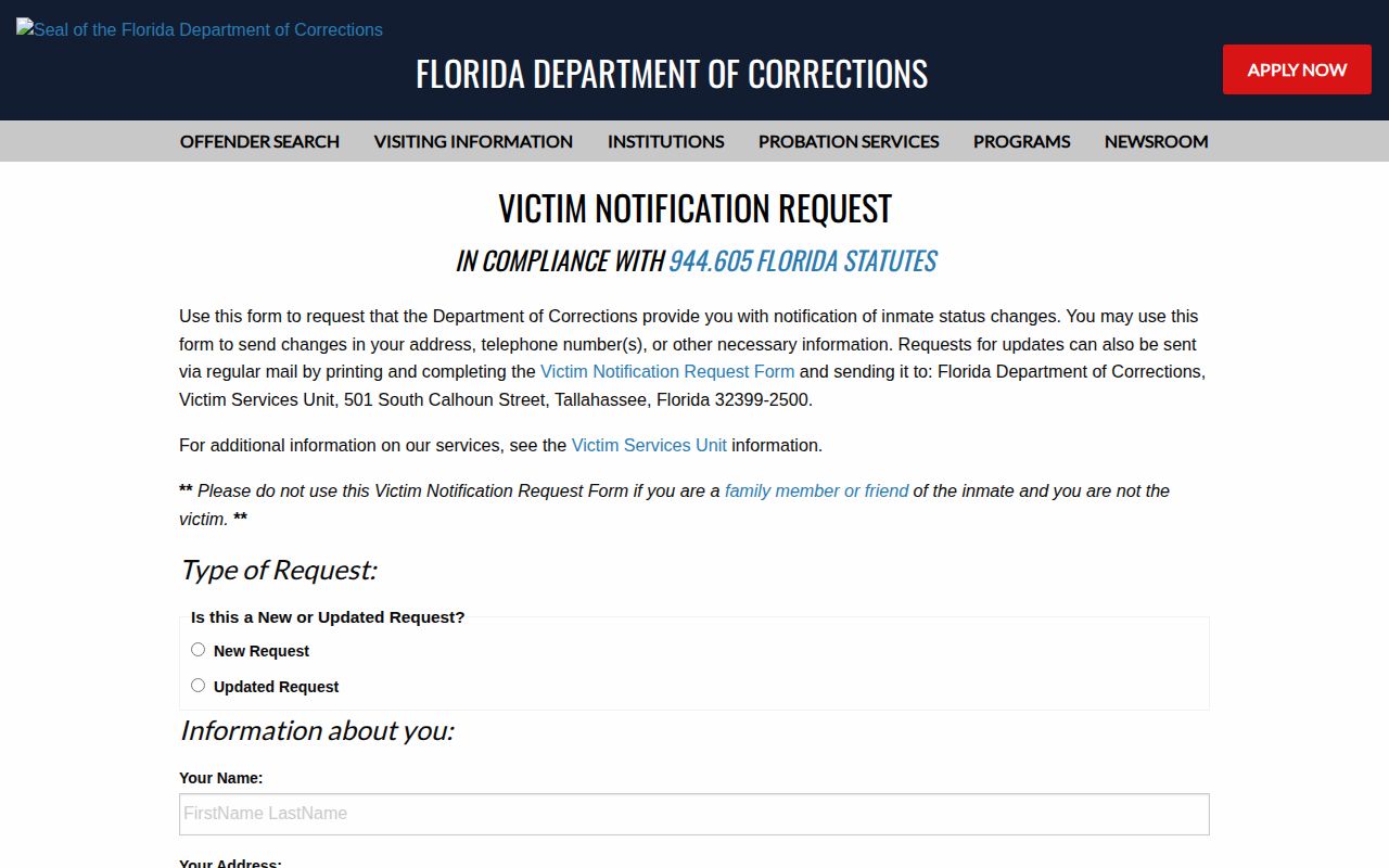 Florida Department of Corrections victim notification request form connected with VINE