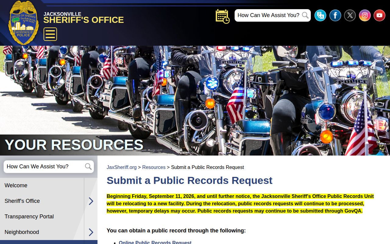 Jacksonville Sheriff's Office Public Records request page