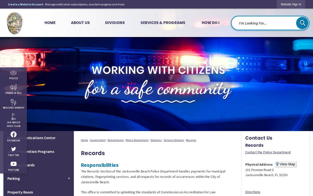 Jacksonville Beach Police Records request webpage