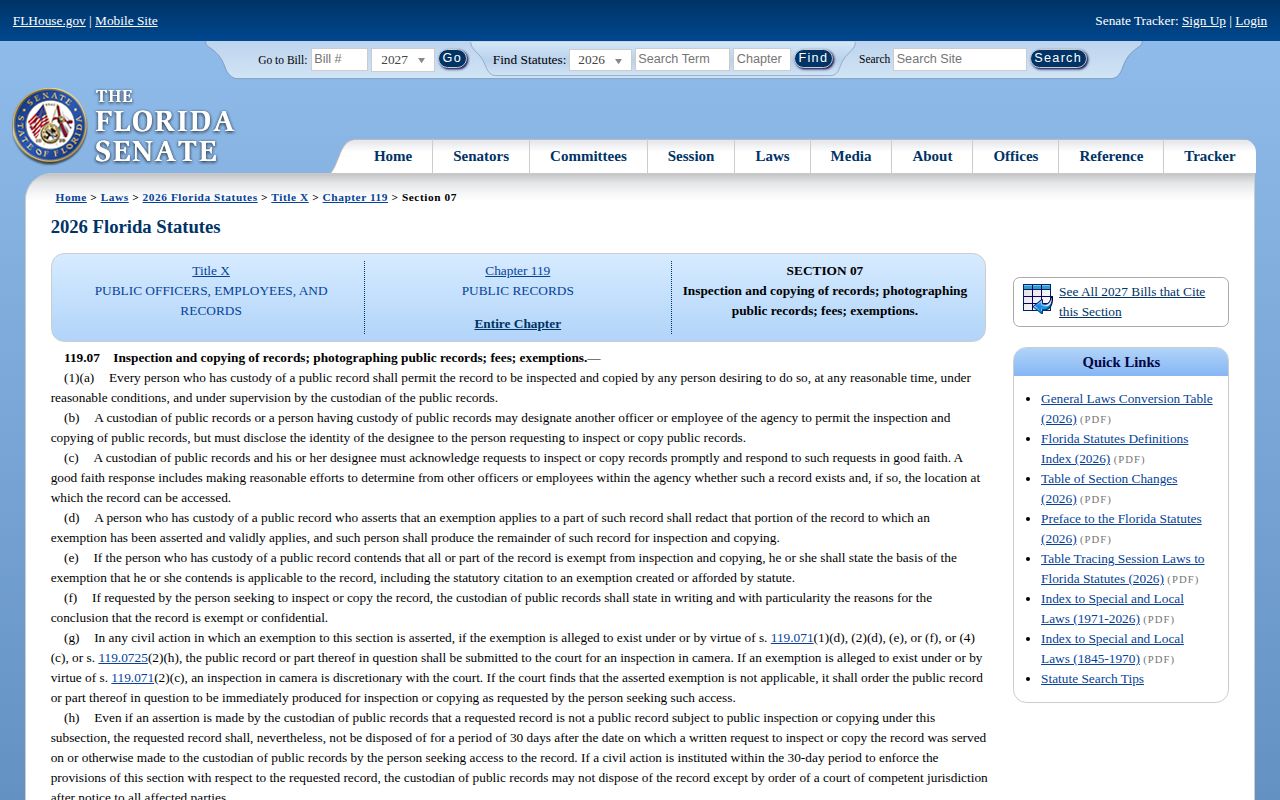 Florida Statutes public records access page